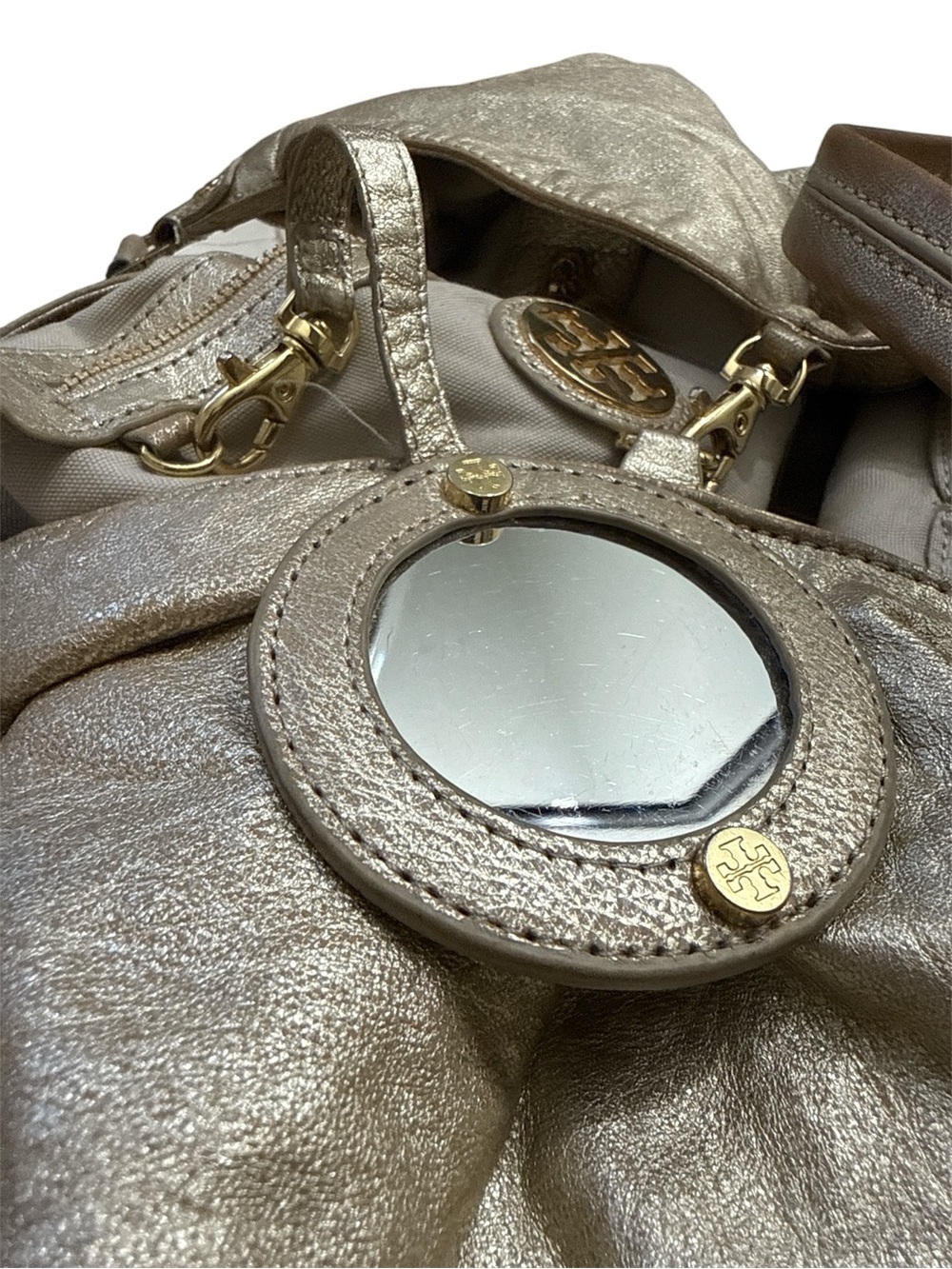 Tory Burch Metallic Gold Leather Shoulder Hobo with Tassel and Mirror Charm - Picture 8 of 8